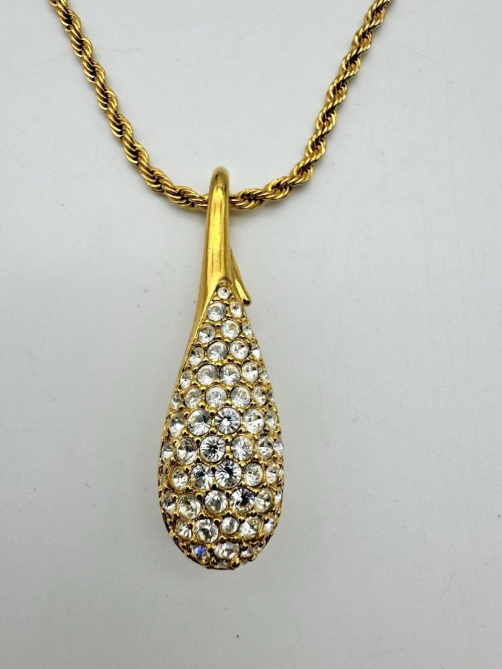 Vtg SWAROVSKI Necklace, Tear Drop Rhinestone Pendant, 30" Rope Chain, Signed